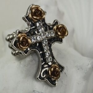 Rhinstones & Roses Silver & Gold Tone Gorgeous Cross Stretch Ring